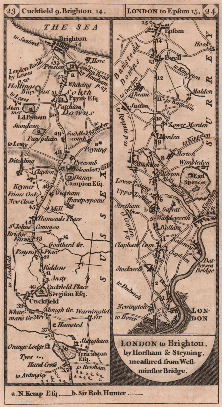 Cuckfield-Brighton. London-Stockwell-Epsom road strip map PATERSON 1803